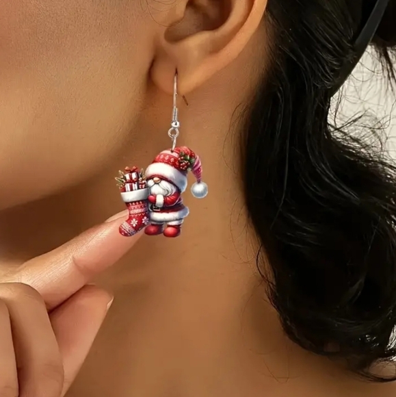 Holiday Acrylic Santa Gnome With Stocking Earrings. NWOT - Picture 4 of 4